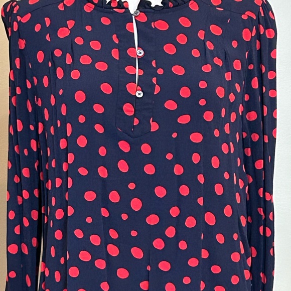 LOFT| Size XL Navy and Red Polka Dot Ruffled Blouse - Picture 2 of 6